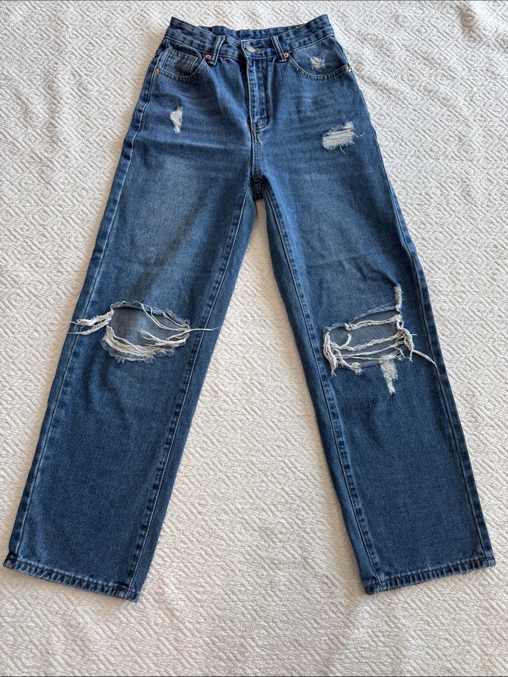 SHEIN Dark Blue Ripped Straight -Leg Jeans Sz XS Petite
